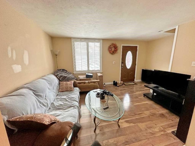 living room featuring a textured ceiling and light wood-type flooring