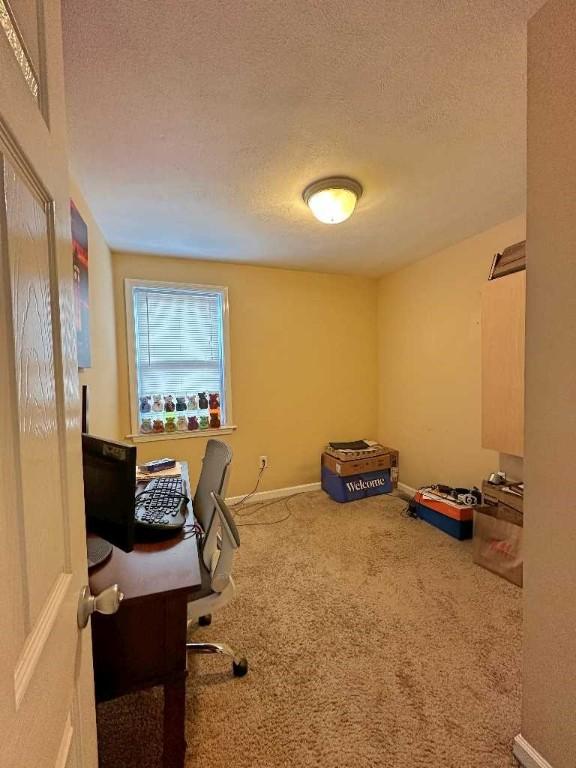 carpeted office with a textured ceiling