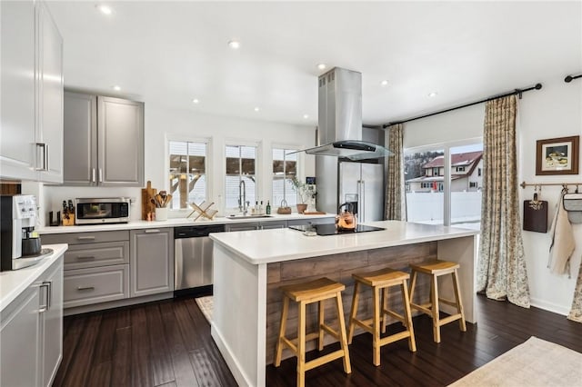 kitchen featuring sink, dark hardwood / wood-style floors, appliances with stainless steel finishes, a kitchen island, and island exhaust hood