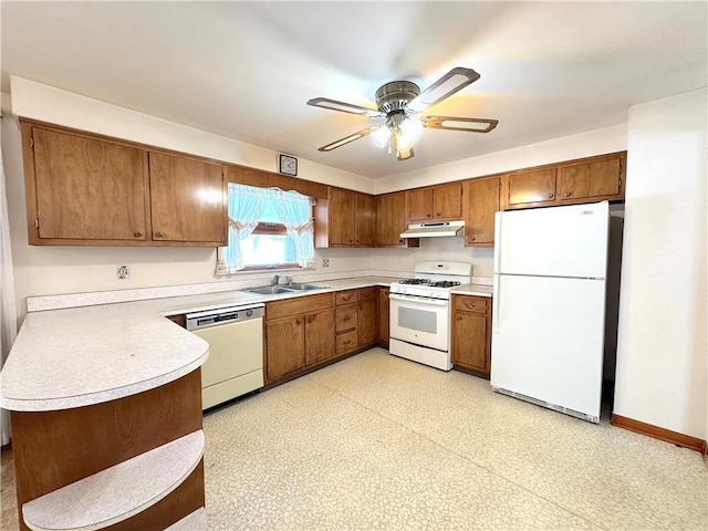 kitchen with kitchen peninsula, white appliances, ceiling fan, and sink