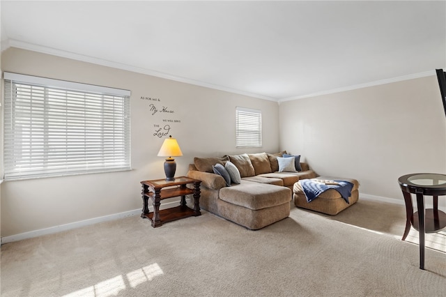 living room with ornamental molding and light carpet