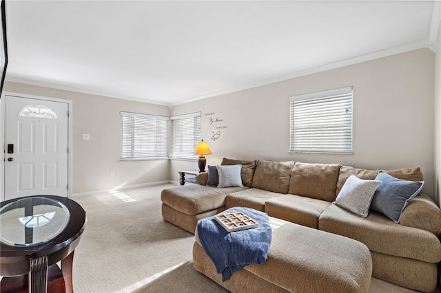 living room featuring carpet flooring and ornamental molding