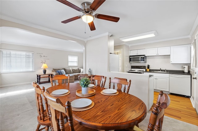 dining area with ceiling fan, light hardwood / wood-style floors, sink, and crown molding