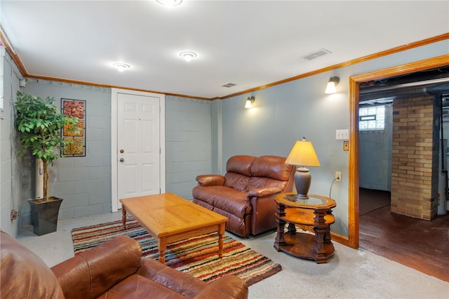 living room featuring crown molding