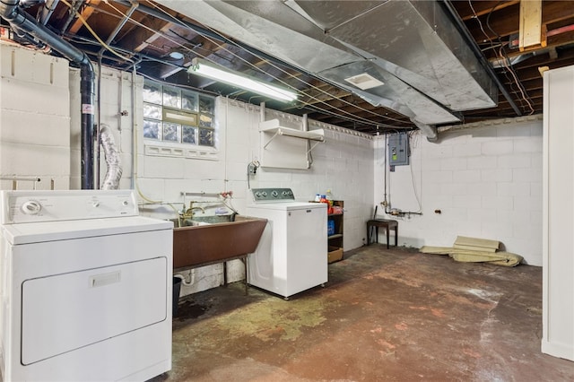 laundry room featuring electric panel, washer and clothes dryer, and sink