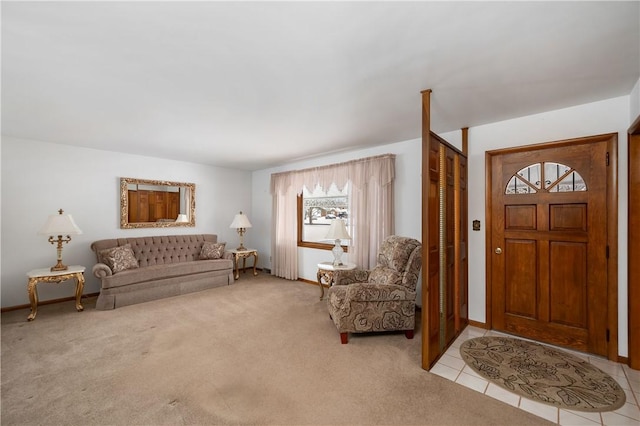 entryway with light colored carpet