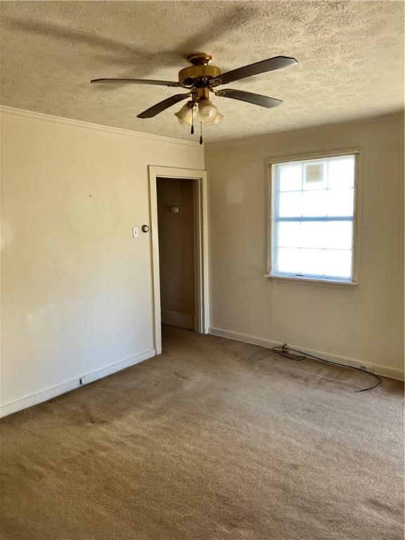 carpeted spare room featuring ceiling fan, crown molding, and a textured ceiling