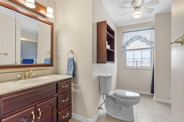 bathroom featuring ceiling fan, tile patterned flooring, vanity, and toilet