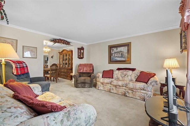 carpeted living room featuring ornamental molding