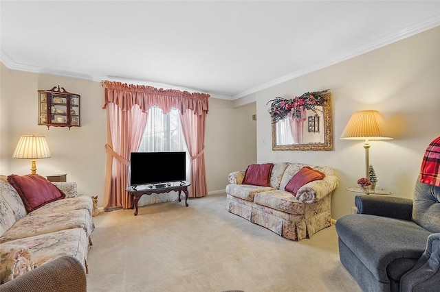 living room featuring light colored carpet and ornamental molding