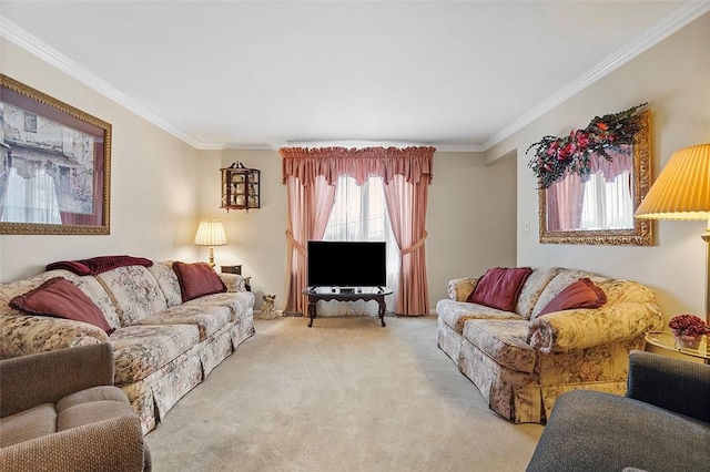 carpeted living room with crown molding