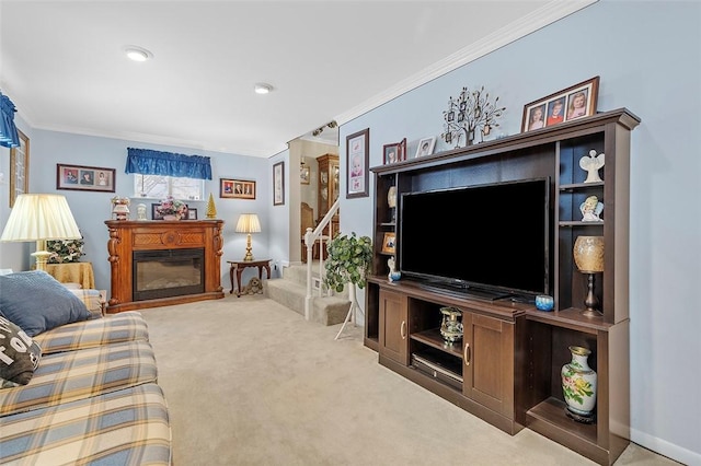 carpeted living room with crown molding