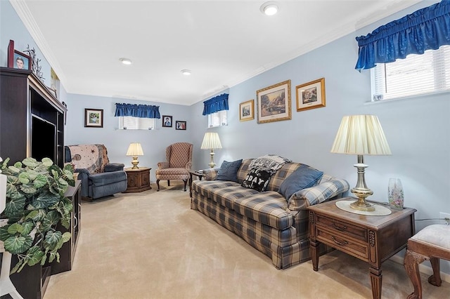 living room featuring crown molding and light carpet