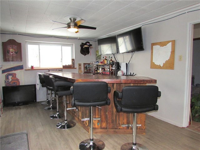 bar featuring ceiling fan, ornamental molding, and hardwood / wood-style floors