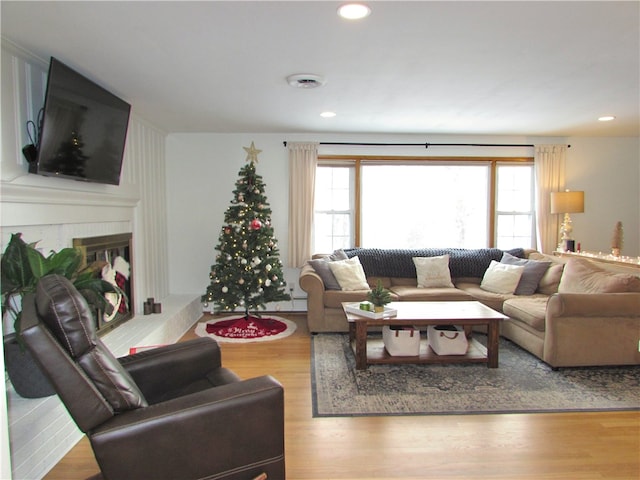 living room featuring a healthy amount of sunlight, a fireplace, and hardwood / wood-style floors