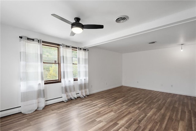 empty room with hardwood / wood-style floors, ceiling fan, and beam ceiling