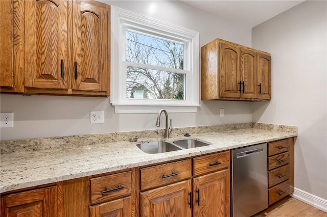 kitchen featuring light stone countertops, light hardwood / wood-style flooring, stainless steel dishwasher, and sink