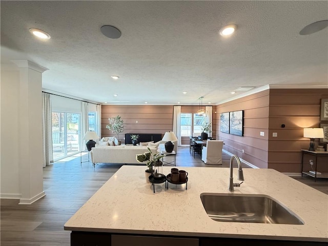 kitchen with a center island with sink, light stone counters, and sink