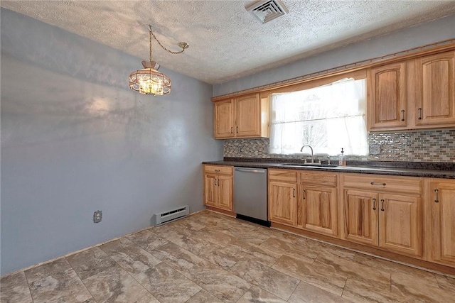 kitchen with dishwasher, sink, hanging light fixtures, a baseboard heating unit, and a textured ceiling