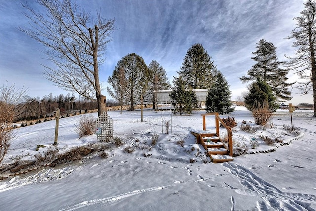 view of yard layered in snow