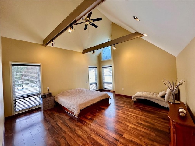 bedroom featuring ceiling fan, high vaulted ceiling, and dark wood-type flooring