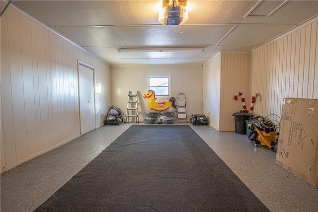 workout area with wooden walls