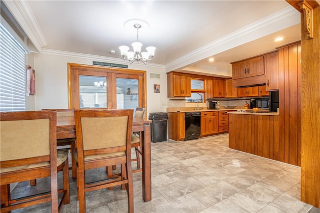 kitchen featuring decorative backsplash, ornamental molding, decorative light fixtures, dishwasher, and a chandelier