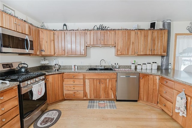 kitchen with sink, appliances with stainless steel finishes, and light hardwood / wood-style flooring