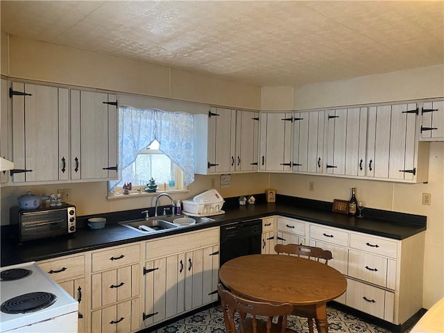 kitchen featuring white electric range oven, dishwasher, sink, and a textured ceiling