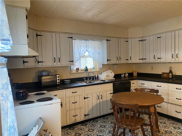 kitchen featuring sink, white electric range, range hood, black dishwasher, and a textured ceiling