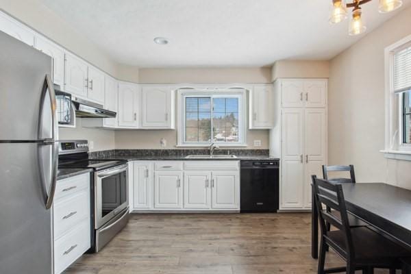 kitchen with white cabinets, appliances with stainless steel finishes, exhaust hood, and sink