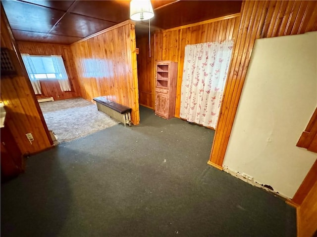 interior space featuring wooden walls and a baseboard heating unit