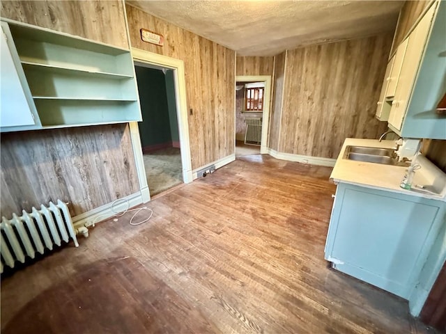 kitchen with hardwood / wood-style flooring, wood walls, sink, and radiator