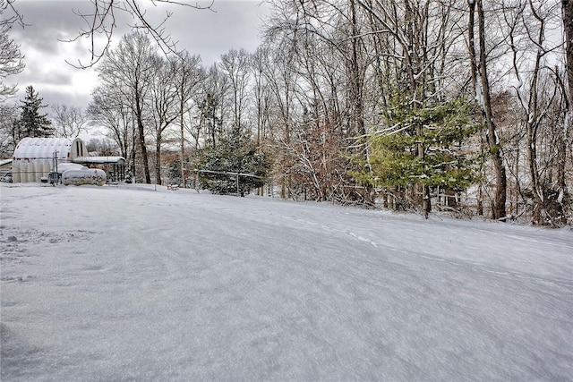 yard covered in snow with an outdoor structure