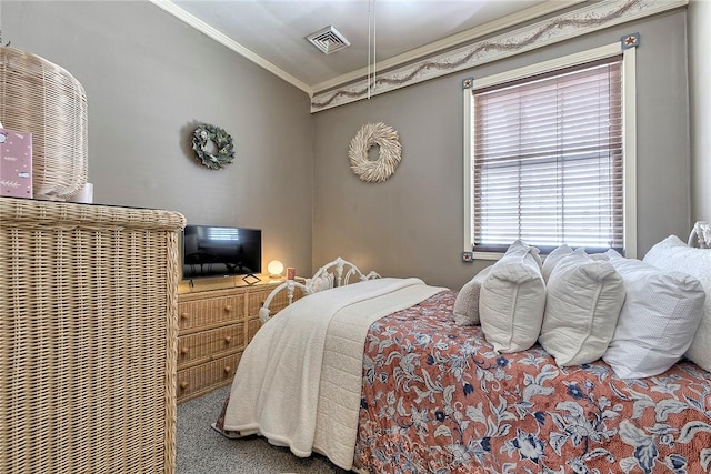 bedroom featuring carpet floors and ornamental molding