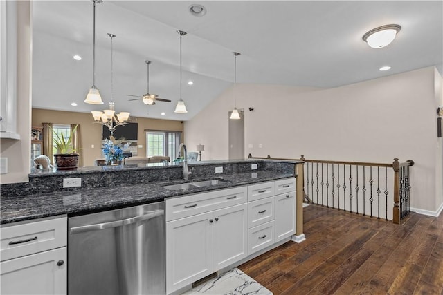 kitchen featuring ceiling fan, sink, white cabinets, and stainless steel dishwasher