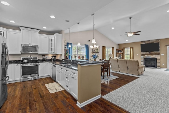 kitchen featuring kitchen peninsula, appliances with stainless steel finishes, ceiling fan with notable chandelier, a healthy amount of sunlight, and white cabinetry