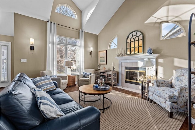 living room with a tile fireplace, wood-type flooring, and a healthy amount of sunlight