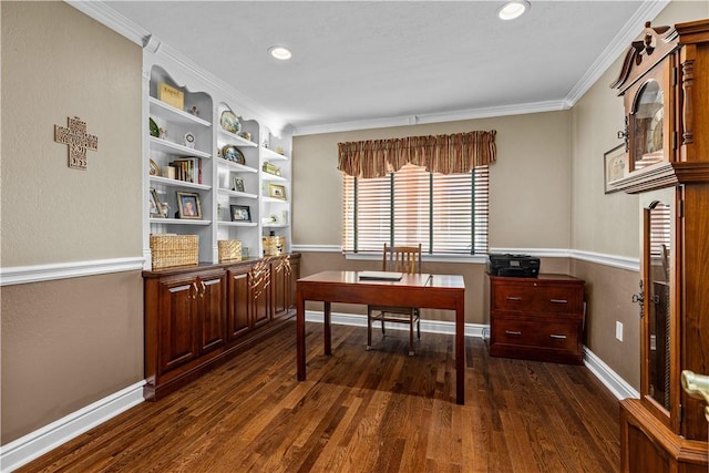 office area featuring dark hardwood / wood-style flooring and crown molding