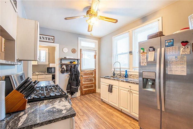 4 Hookton Ave, South Union Twp, PA 15401 - kitchen with stainless steel fridge with ice dispenser, a sink, light wood finished floors, ceiling fan, and black microwave