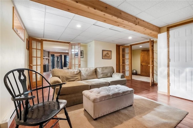 living room with light hardwood / wood-style flooring and french doors