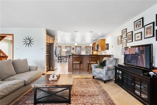 living room with light tile patterned floors