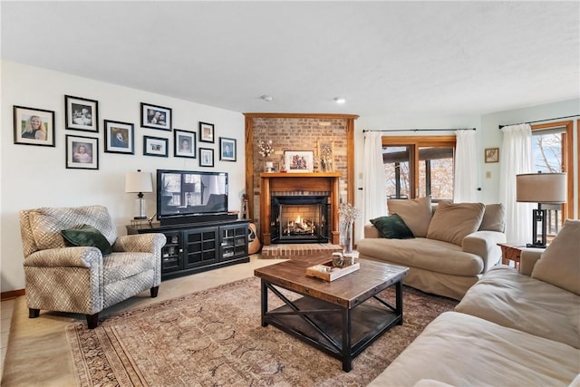 living room with a fireplace