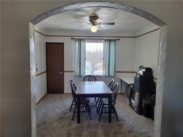 dining area with carpet floors, ornamental molding, and ceiling fan