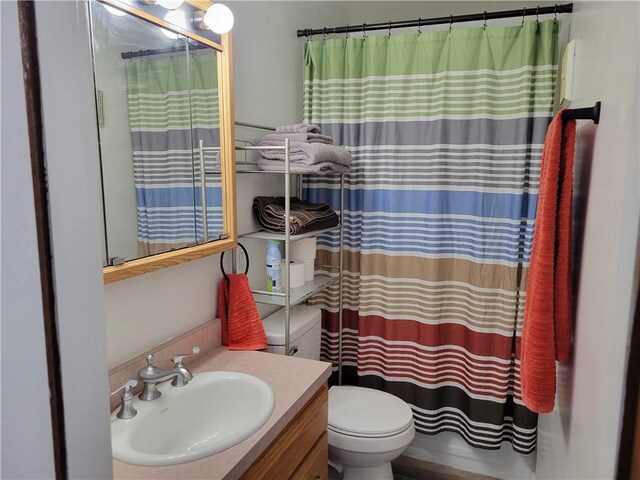 bathroom featuring vanity, a shower with shower curtain, and toilet