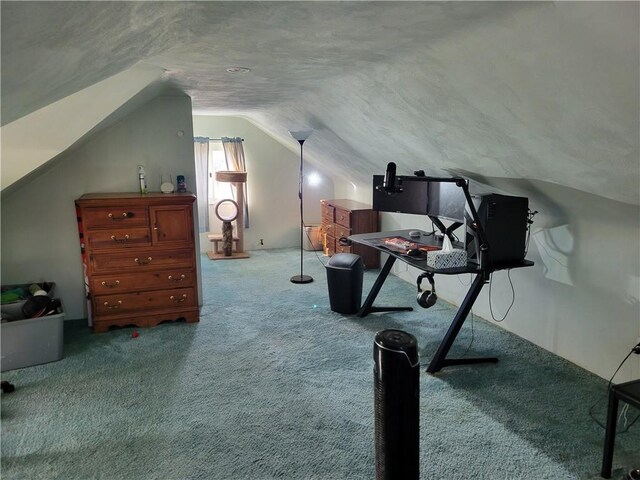 exercise room featuring lofted ceiling and carpet floors