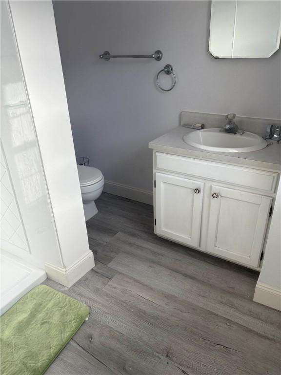 bathroom with wood-type flooring, vanity, and toilet