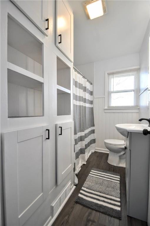 bathroom with toilet, vanity, and hardwood / wood-style flooring