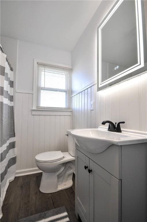 bathroom with hardwood / wood-style flooring, vanity, and toilet