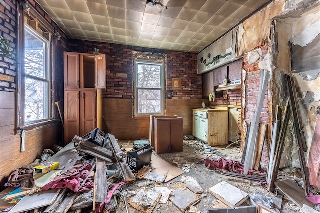 miscellaneous room featuring brick wall and plenty of natural light